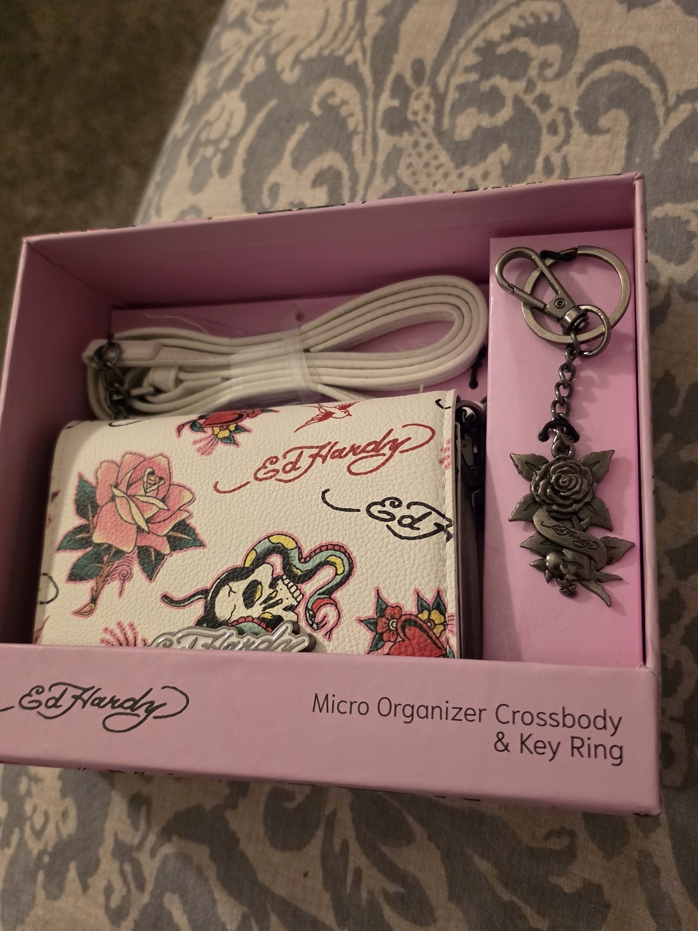 Ed Hardy White Floral Micro Organizer Crossbody